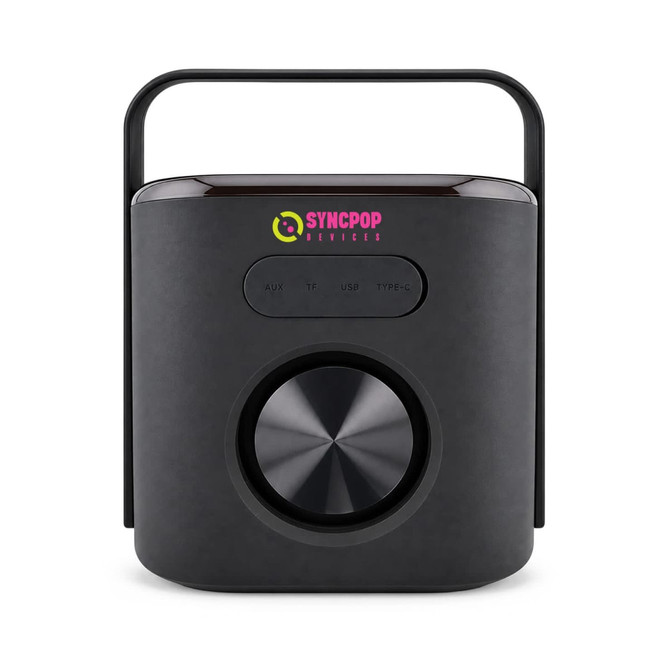 A black Bluetooth speaker with a handle and a large central control knob, featuring a logo on the front.