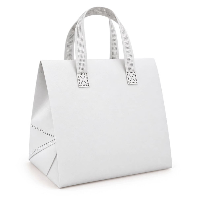 A white cooler bag with structured sides and patterned handles. It features a simple design and includes a logo.