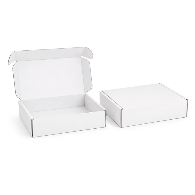 A white custom box with a locking lid, featuring one open and one closed box.