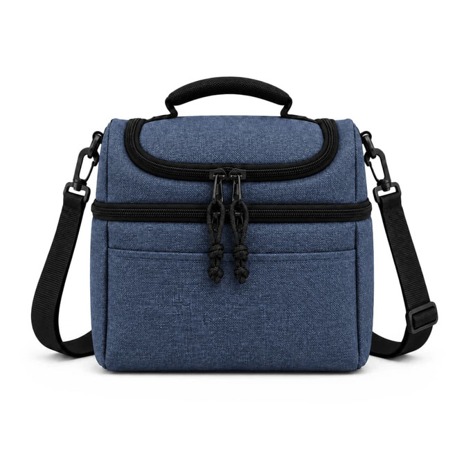 A blue cooler bag with a zippered top, carrying handle, and adjustable shoulder strap. It features a front pocket and branding.
