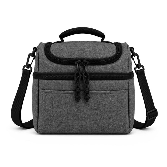A grey cooler bag with a handle, adjustable strap, and zippered compartments. It features a branding logo.