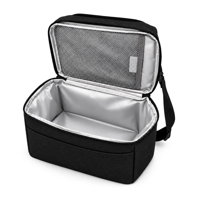 A black cooler bag with a silver interior, featuring a mesh pocket in the lid and a shoulder strap.