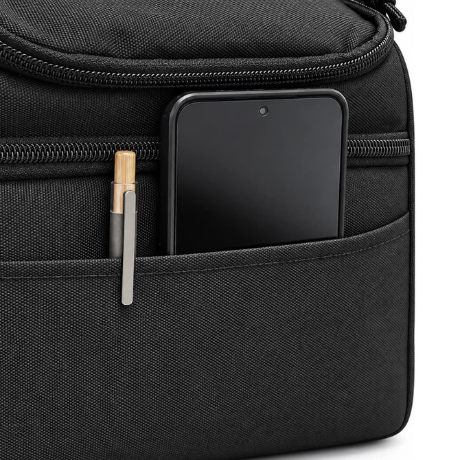 A black cooler bag with a zipped pocket featuring a phone and a pen. The bag has a simple design and is made from fabric.