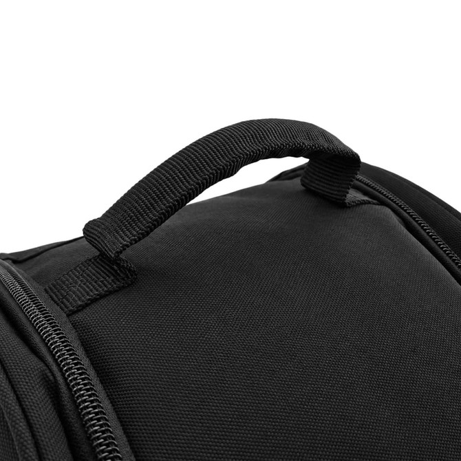 A black cooler bag with a sturdy handle and a zip closure. It features durable fabric construction.