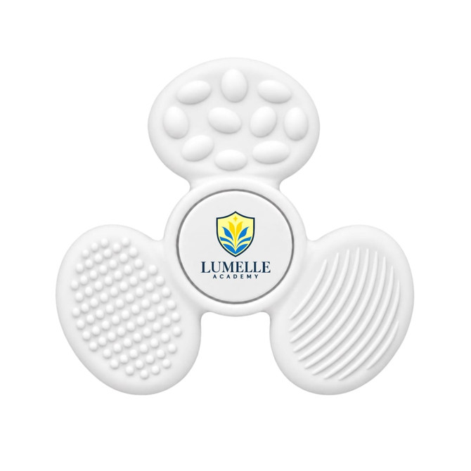 A white tactile fidget spinner featuring various textured surfaces and a logo in the centre.