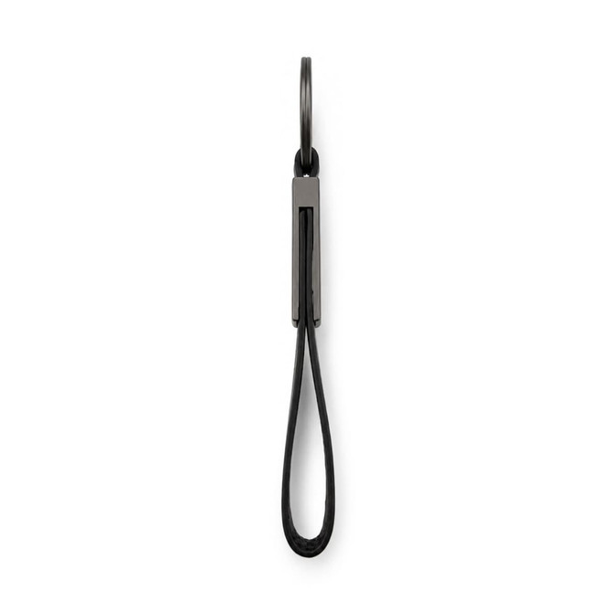 A black keytag with a loop design, featuring a metallic attachment at the top. It has a logo on the surface.