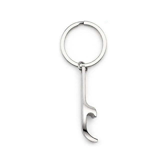 A silver keytag with a bottle opener design attached to a circular keyring.