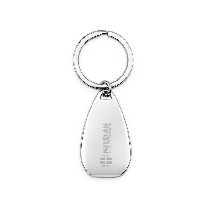 A silver keytag with a teardrop shape and a metal keyring, featuring a logo on one side.