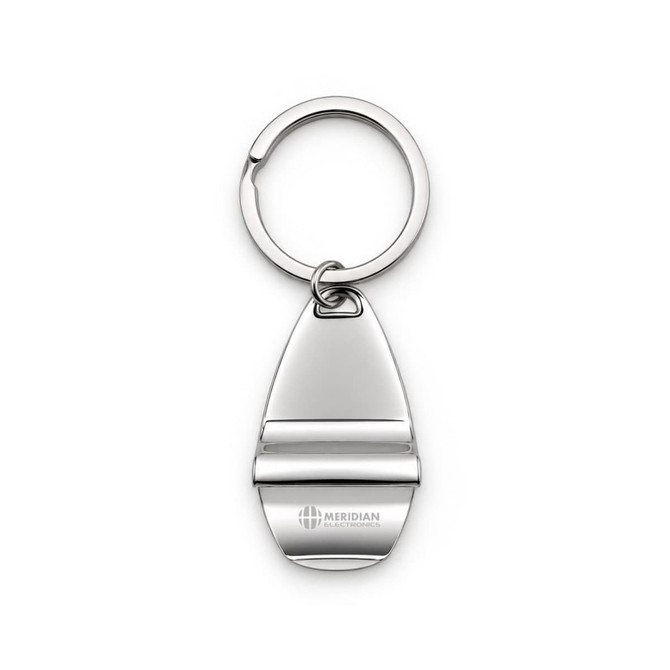 A metallic keytag in a sleek, modern design with a circular keyring, featuring a minimal logo.