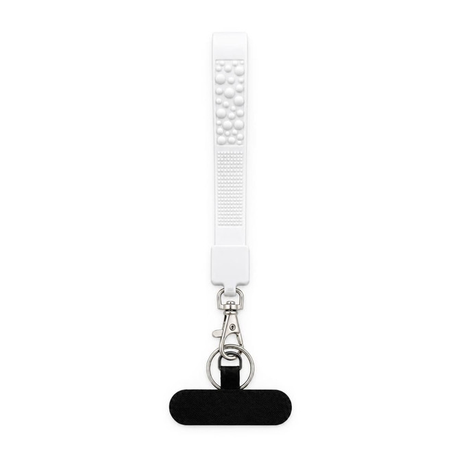 A white wrist strap with tactile design and a metal keyring attachment, featuring a black base section.