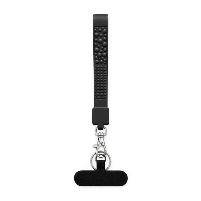A black wrist tactile phone holder keytag featuring a textured grip and a metal clasp for attachment.