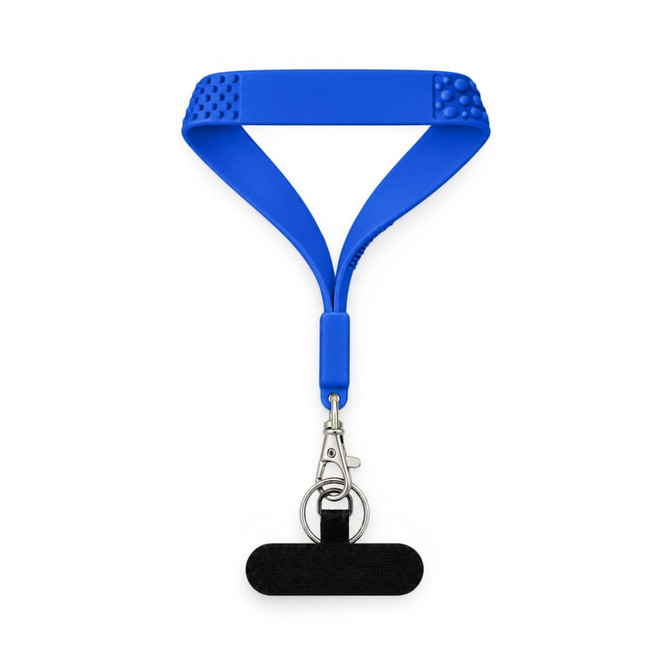 A blue wrist strap with a tactile texture and a keyring attachment. It features a simple design and a clip.