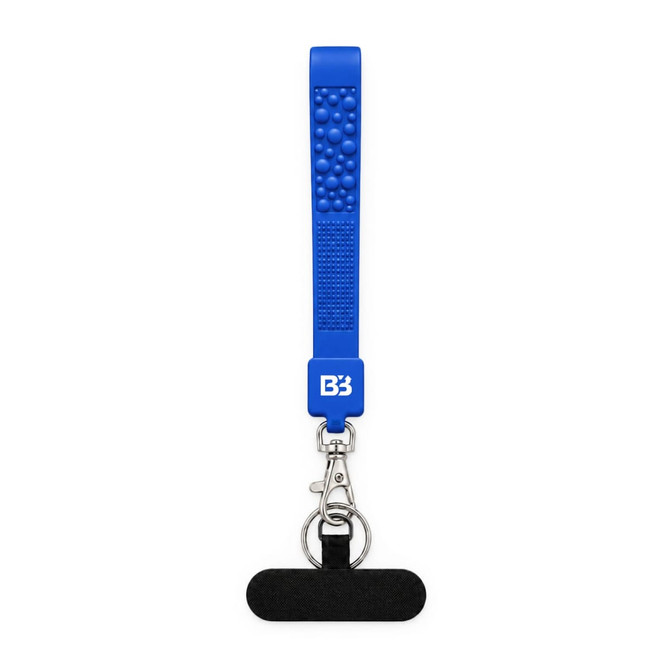 A blue wrist strap keytag with a textured surface and a metal clip attachment. It has a logo on the strap.