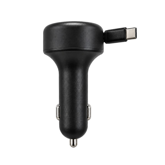A black retractable car charger with a USB-C connector and a two-prong attachment for vehicle use.