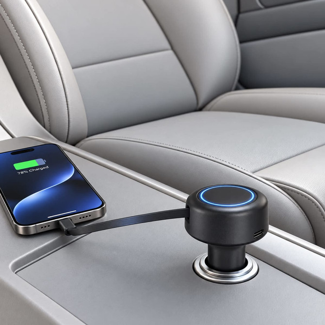 A retractable black car charger is plugged into a car's power socket, with a smartphone connected beside it on a grey console.