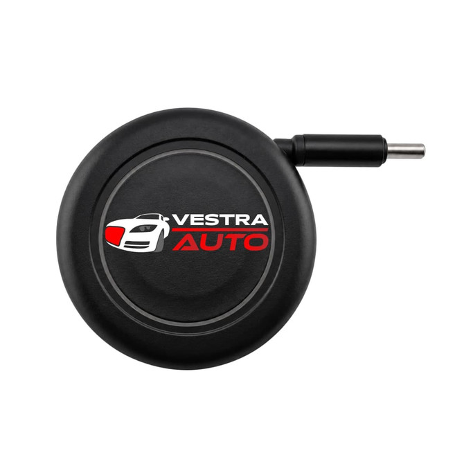 A black retractable car charger with a circular design and a connector at one end. It features a logo.