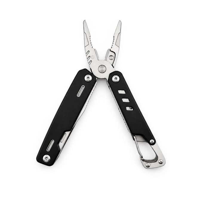 A multi-tool with pliers, stainless steel blades, and a black handle. It features a carabiner clip and a logo.