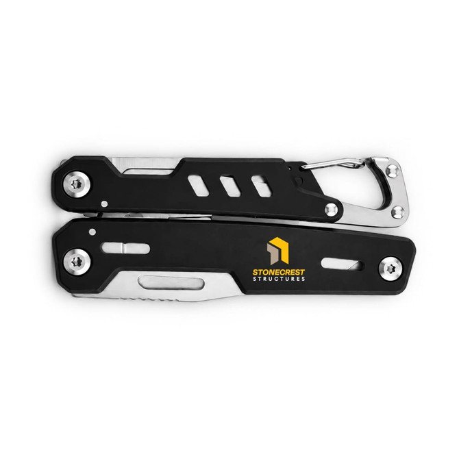 A multi-tool with a black and silver design, featuring a carabiner and a logo.