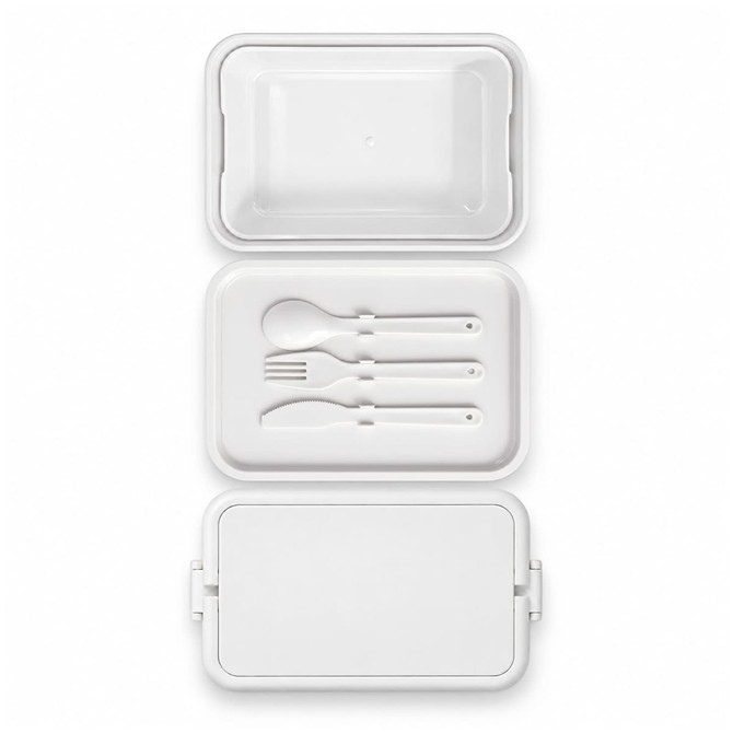 A white double tray lunchbox with a lid, featuring three utensils inside: a knife, fork, and spoon.