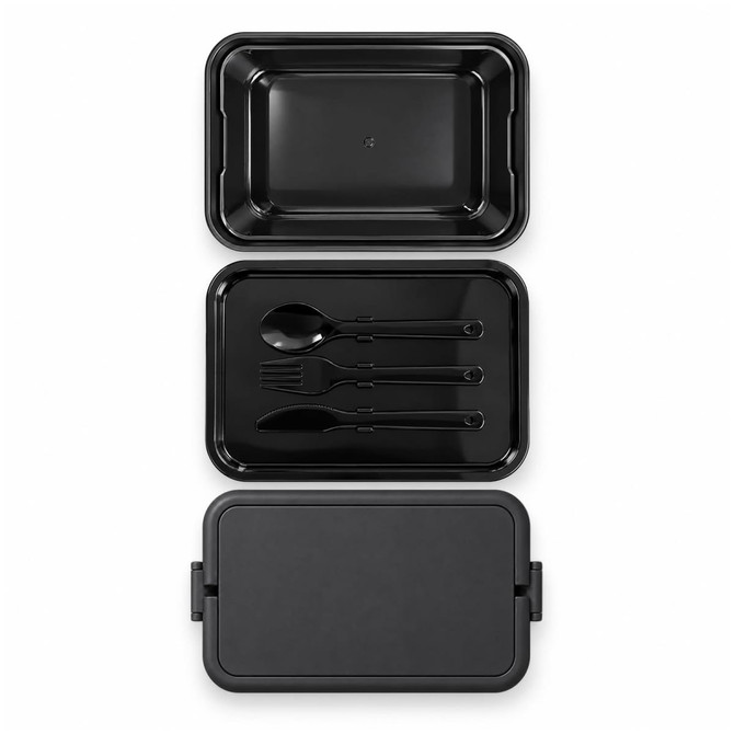 A black double tray lunchbox with a lid, featuring cutlery including a spoon, fork, and knife. It has a logo.