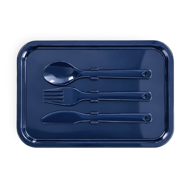 A navy blue tray containing a spoon, fork, knife, and a spork. The tray has a sleek design and branding.