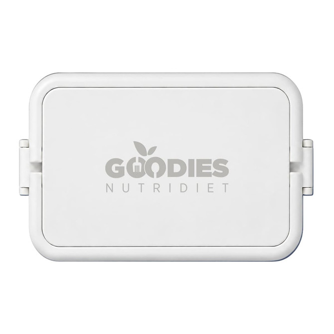 A white lunchbox with two compartments and a logo on the front.