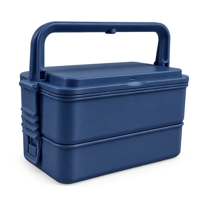 A navy double tray lunchbox with a sturdy handle and a secure lid, featuring a branding logo.