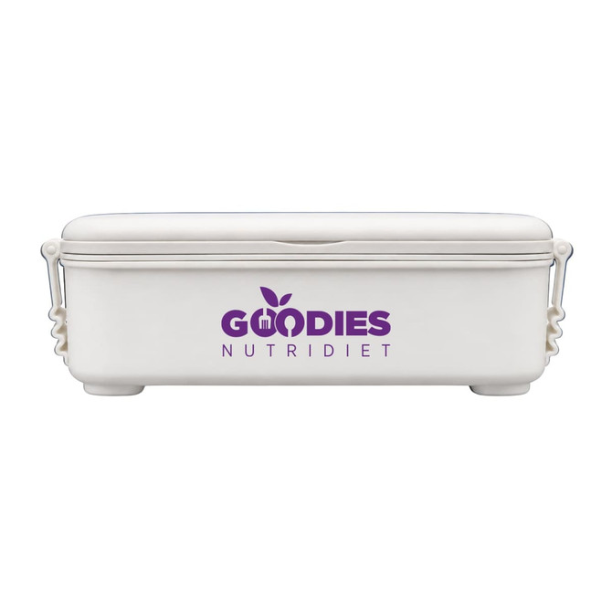 A white double tray lunchbox with a secure lid and a logo on the front.