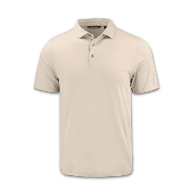 A beige men's polo shirt featuring a collared neckline and three buttons. The shirt has a logo on it.