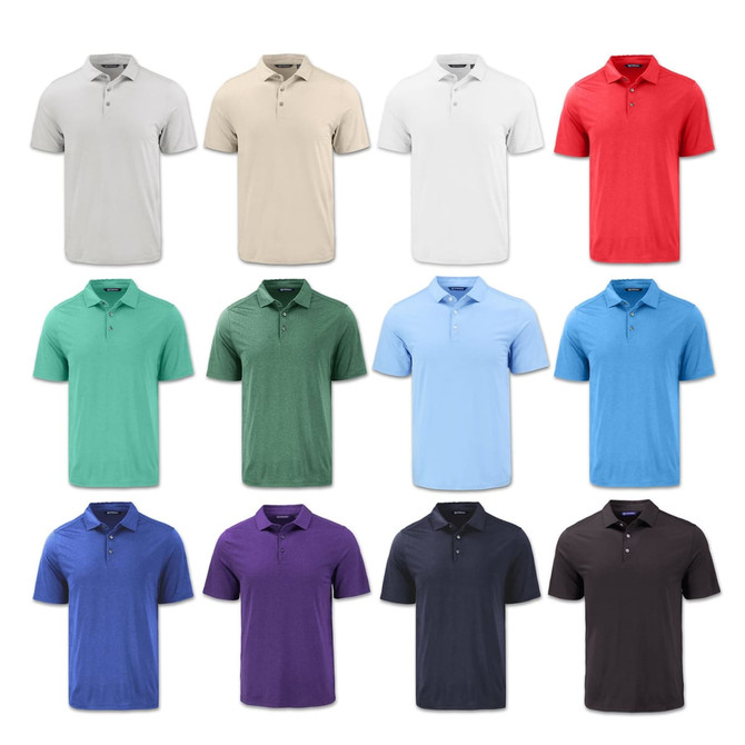 A collection of Cutter & Buck Coastline Epic Men's Polos in various colours, including grey, beige, red, green, and blue.
