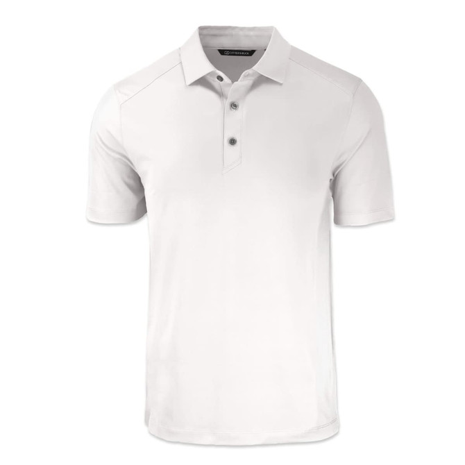 A white men's polo shirt with a collar and three buttons, featuring short sleeves and a subtle logo.