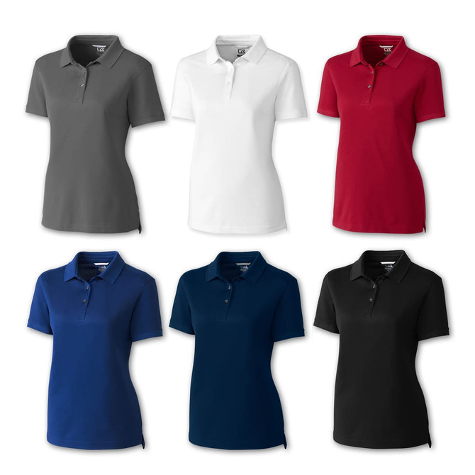 Six women's polo shirts in various colours: grey, white, red, blue, navy, and black, each with a logo.