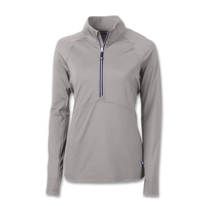 A grey women's half-zip top with long sleeves, featuring a zippered collar and a branding logo.