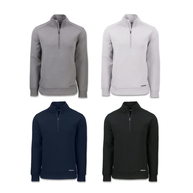 A half zip jacket available in grey, light grey, navy, and black, featuring a logo on the design.