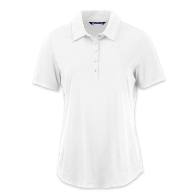 A white women's polo shirt with a collar and button placket, featuring a logo on the design.