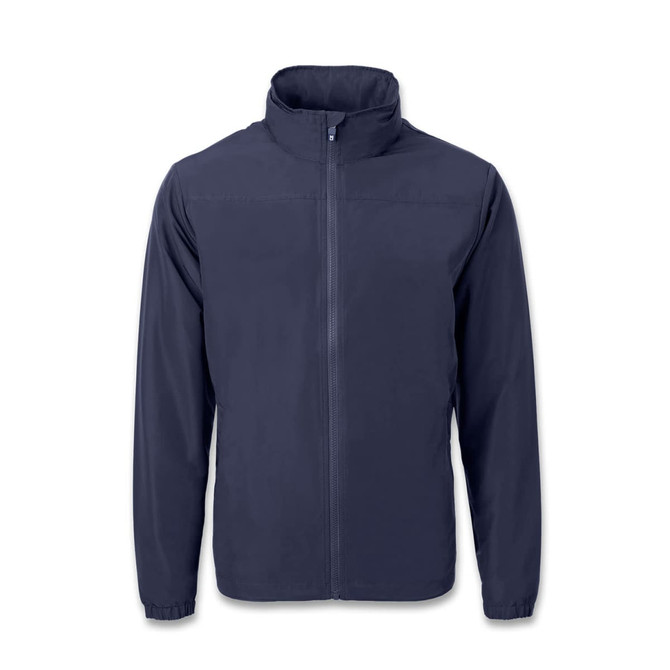 A navy full zip jacket with a high collar and long sleeves, featuring a logo on the front.