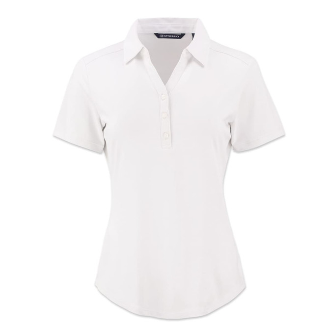 A women's polo in white with a collared neckline and button placket, featuring a small logo.