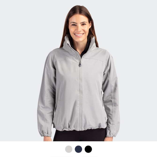 A light grey women's full zip jacket with a zip-up collar and elasticised hem, featuring a logo.