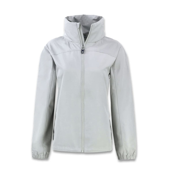 A women's full zip jacket in light grey with a high collar and side pockets, featuring a logo.