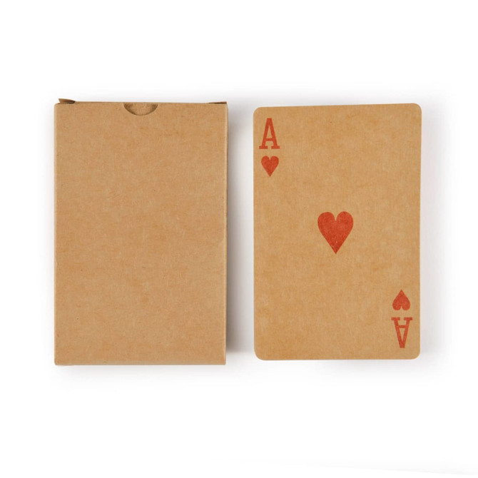 A deck of recycled playing cards in a brown cardboard box, featuring a red Ace of Hearts on top.