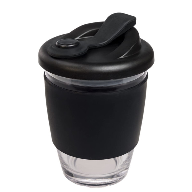 A reusable coffee cup with a black snap lid and a silicone sleeve for grip. The cup features a clear glass body.