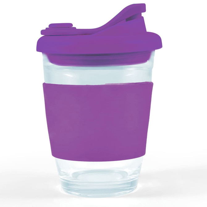 A reusable coffee cup featuring a clear body with a purple silicone sleeve and snap lid.