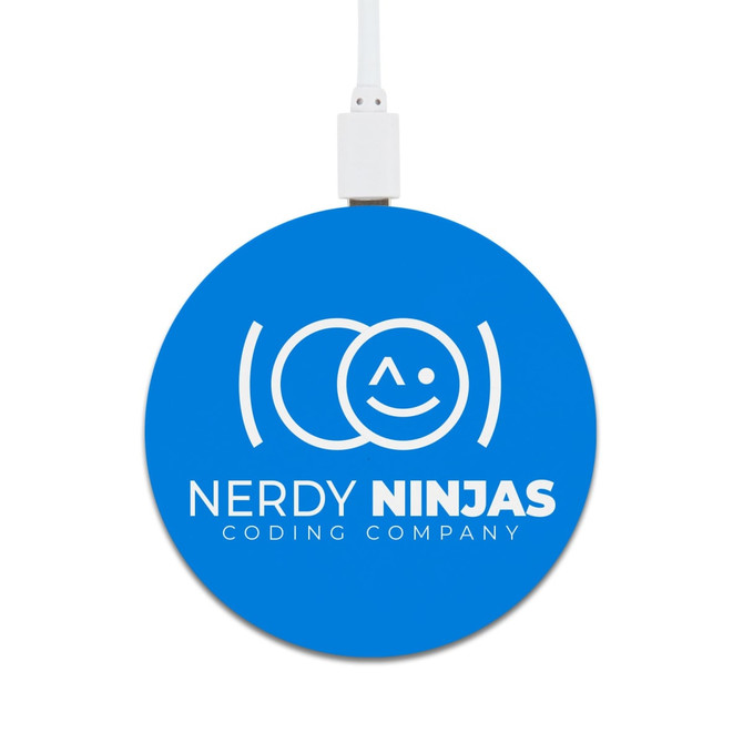 A round blue wireless charger featuring the logo of "Nerdy Ninjas Coding Company."