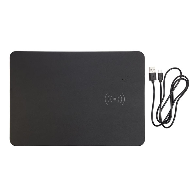 A black wireless charger and mouse pad with a USB cable included. It features a logo on the surface.