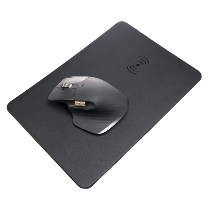 A black wireless charger and mouse pad with a sleek design, featuring a wireless charging logo and a mouse on top.