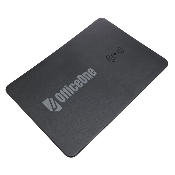 A wireless charger and mouse pad combination in a sleek black design, featuring the logo "OfficeOne."