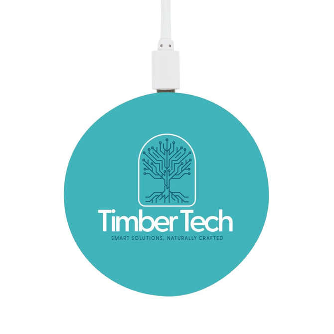 A round turquoise bamboo wireless charger featuring a logo and a white charging cable.
