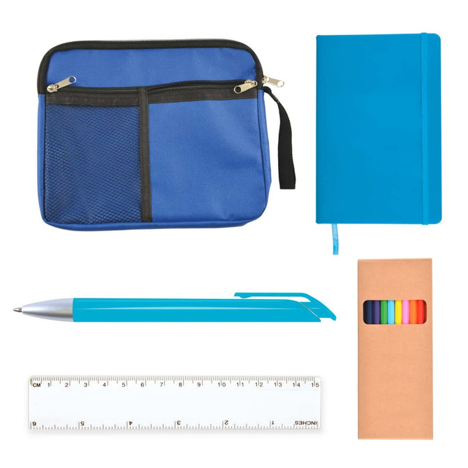 A blue zippered pouch, a blue notebook, a blue pen, a ruler, and a box of colorful markers.