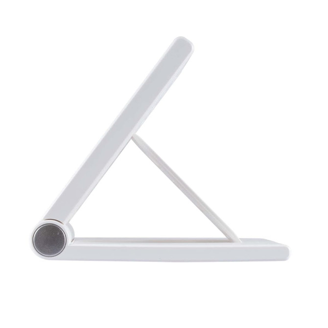 A wireless charger in a sleek, triangular design, featuring a smooth white finish.