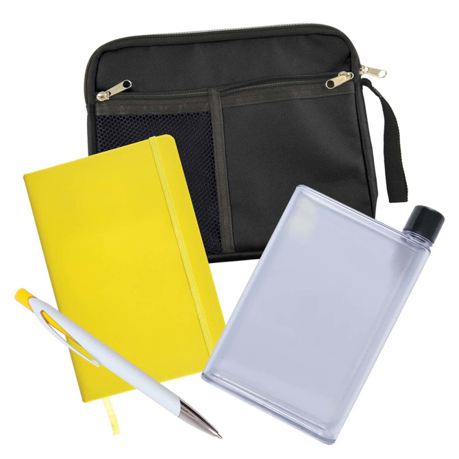 A conference pack featuring a black zipped pouch, a yellow notebook, a transparent drink bottle, and a white pen.